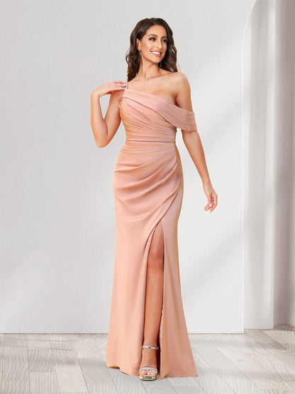 Sheath/Column One-Shoulder Floor-Length Ruched Bridesmaid Dresses with Split Side