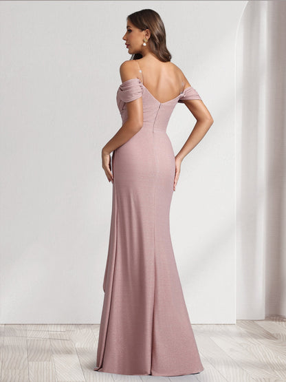 A-Line/Princess Off-the-Shoulder Floor-Length Ruched Bridesmaid Dresses With Ruffles & Split Side