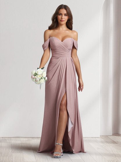 A-Line/Princess Off-the-Shoulder Floor-Length Ruched Bridesmaid Dresses With Ruffles & Split Side