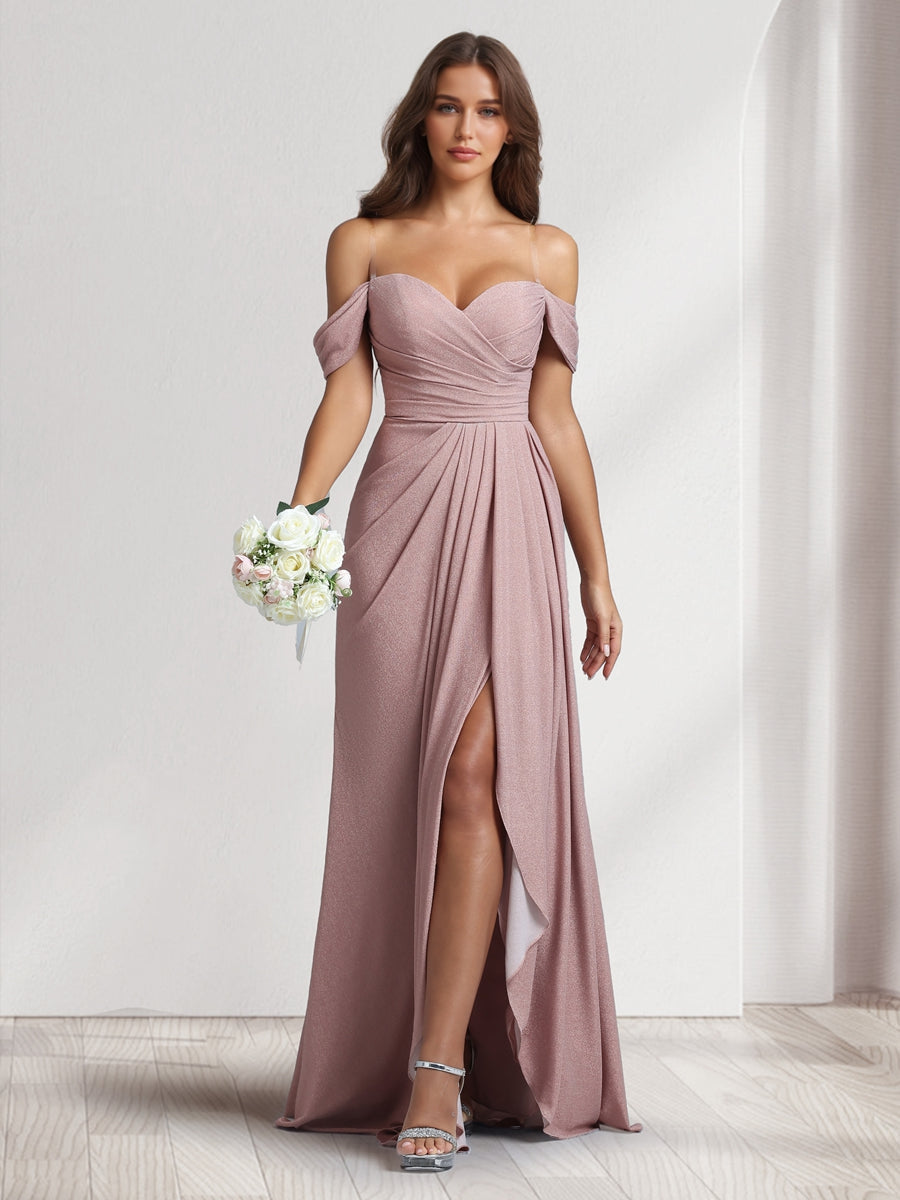 A-Line/Princess Off-the-Shoulder Floor-Length Ruched Bridesmaid Dresses With Ruffles & Split Side