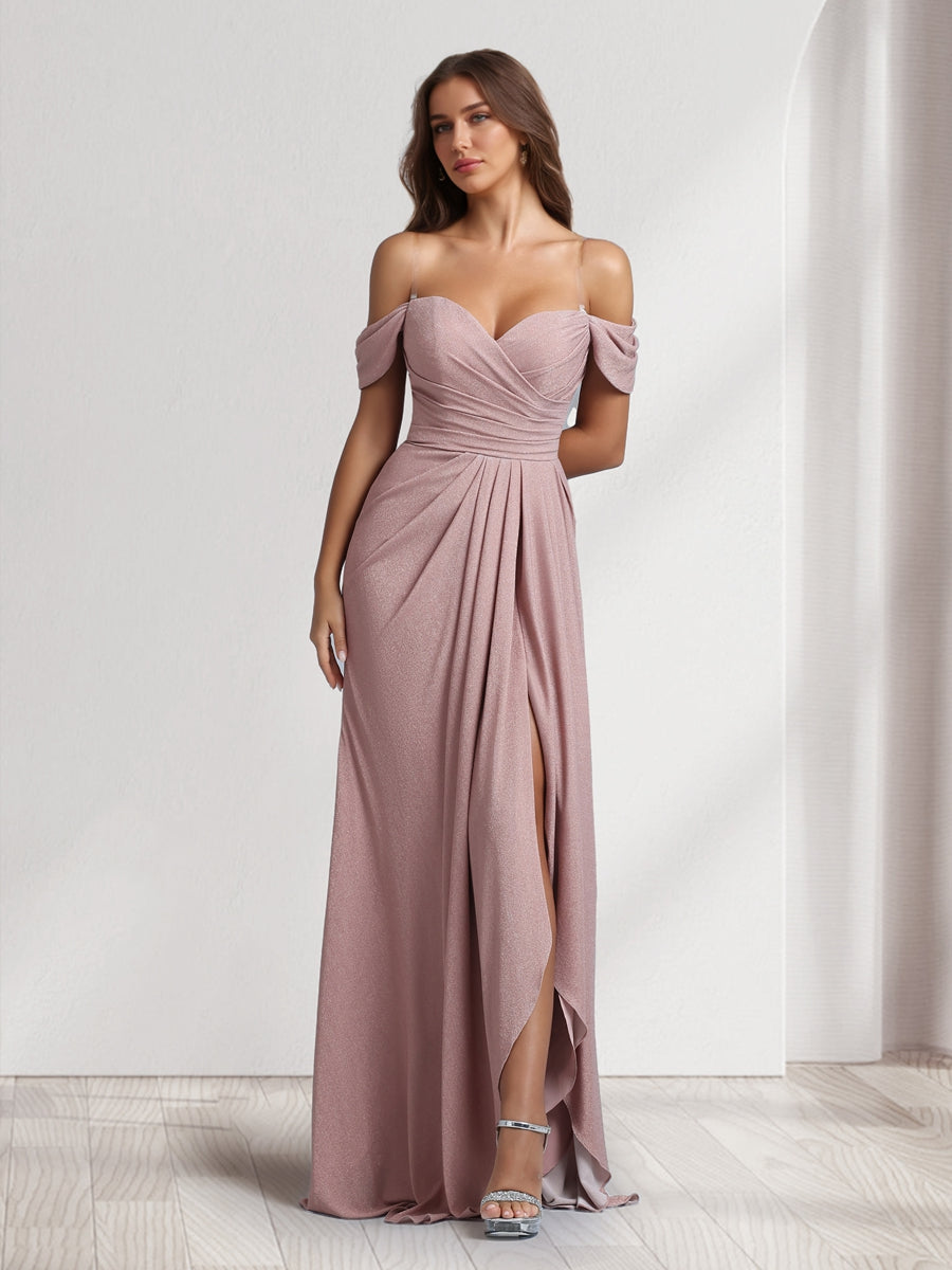 A-Line/Princess Off-the-Shoulder Floor-Length Ruched Bridesmaid Dresses With Ruffles & Split Side