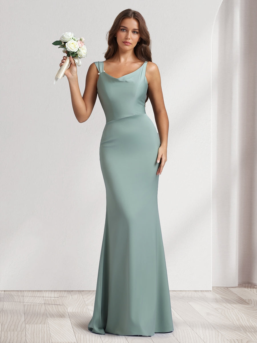 Sheath/Column Cowl Neck Floor-Length Bridesmaid Dresses with Beadings