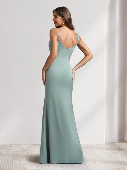 Sheath/Column Cowl Neck Floor-Length Bridesmaid Dresses with Beadings