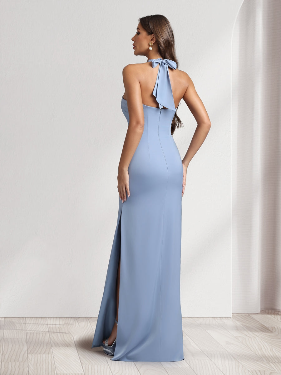Sheath/Column Halter Dresses Long Ruched Bridesmaid Dresses with Split Side