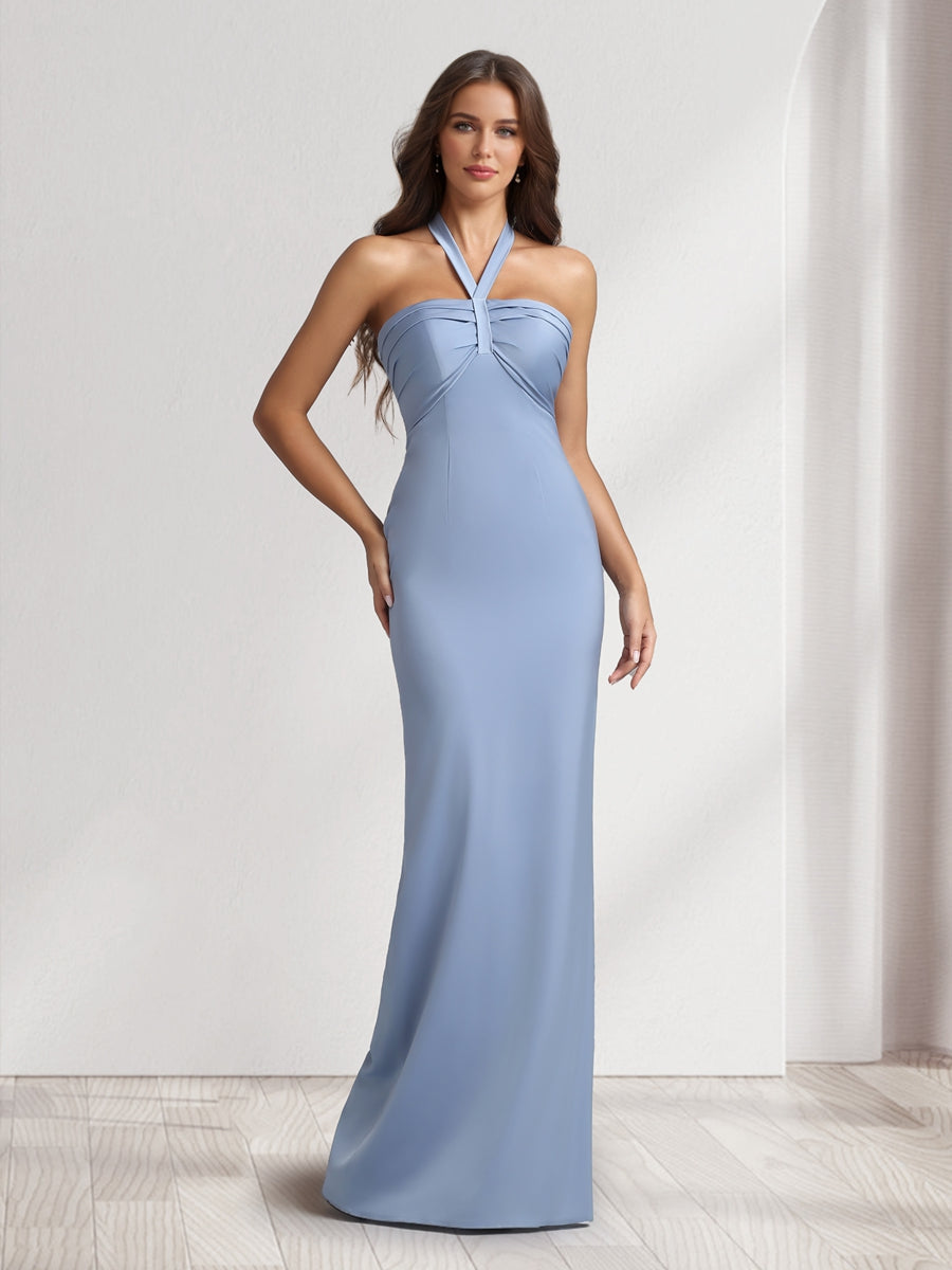 Sheath/Column Halter Dresses Long Ruched Bridesmaid Dresses with Split Side