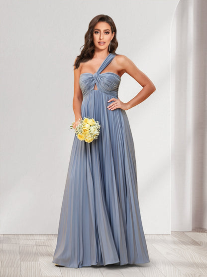 A-Line/Princess One-Shoulder Floor-Length Bridesmaid Dresses With Pleats