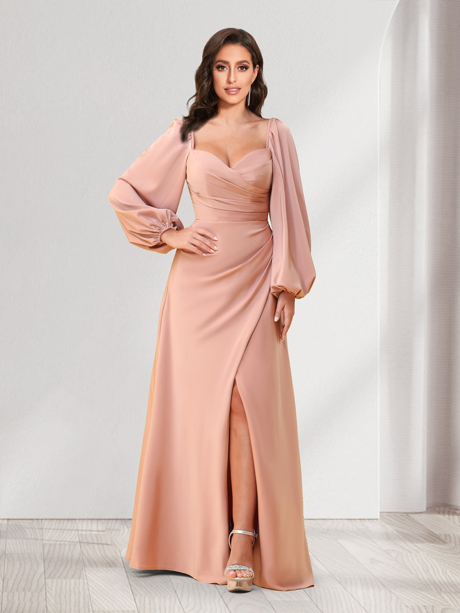 A-Line/Princess Sweetheart Long Sleeves Floor-Length Ruched Bridesmaid Dresses With Split Side