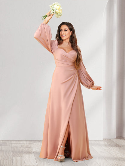 A-Line/Princess Sweetheart Long Sleeves Floor-Length Ruched Bridesmaid Dresses With Split Side