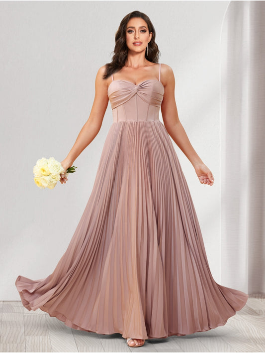 A-Line/Princess Spaghetti Straps Floor-Length Bridesmaid Dresses With Pleats
