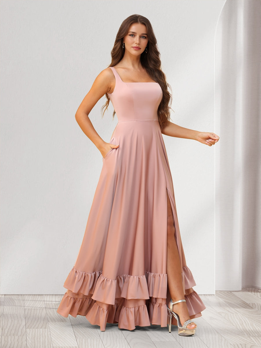 A-Line/Princess Square Neck Floor-Length Bridesmaid Dresses With Ruffles & Split Side