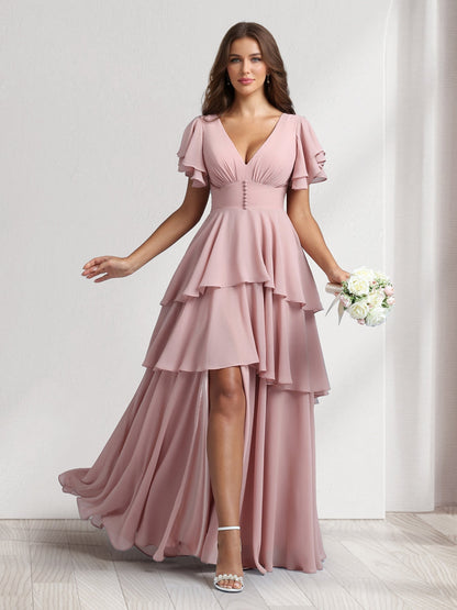 A-Line/Princess V-Neck Short Sleeves Bridesmaid Dresses With Cascading Ruffles & Split Side
