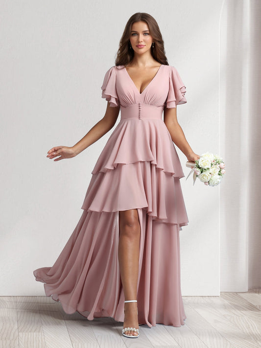 A-Line/Princess V-Neck Short Sleeves Bridesmaid Dresses With Cascading Ruffles & Split Side
