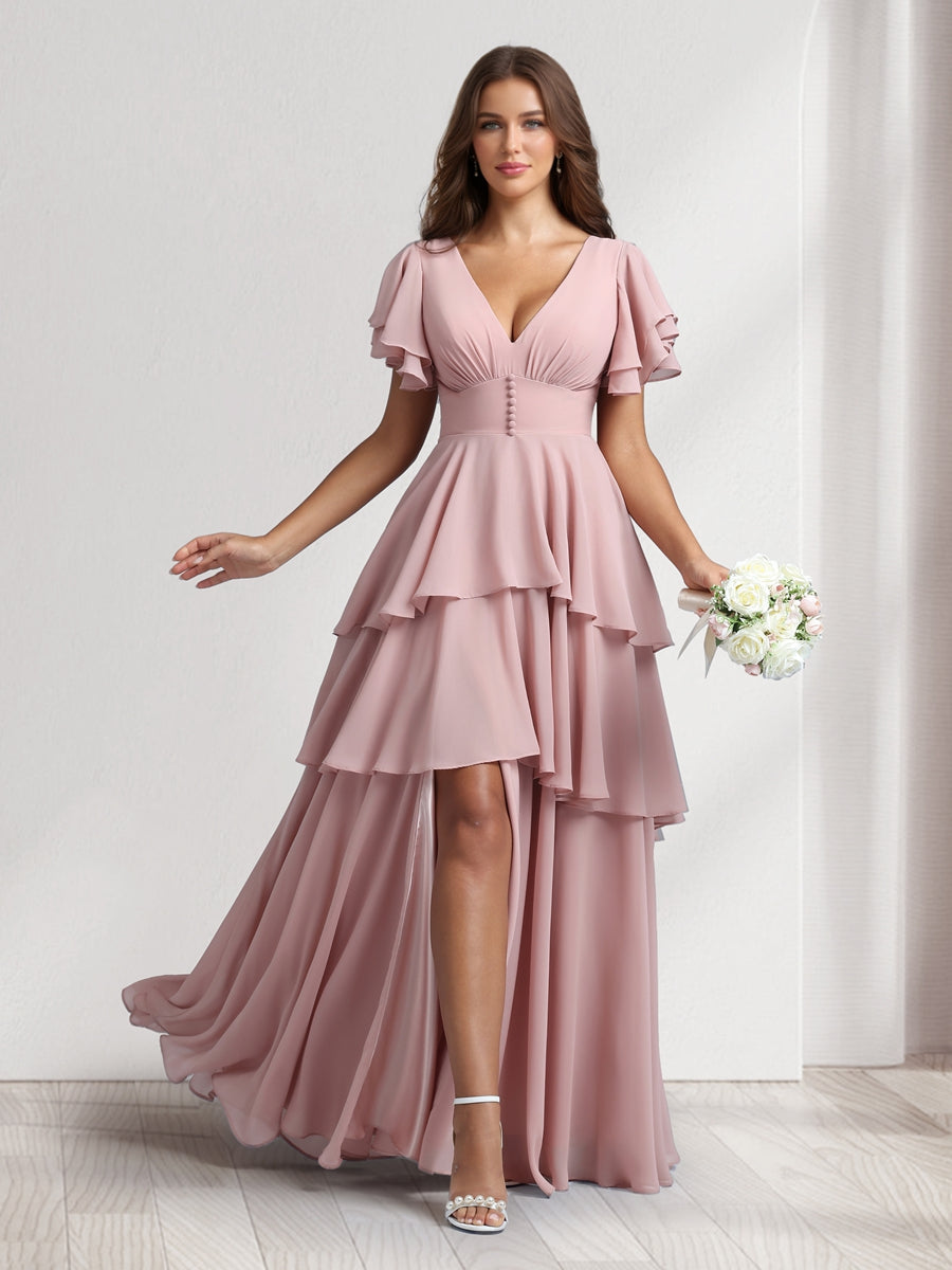 A-Line/Princess V-Neck Short Sleeves Bridesmaid Dresses With Cascading Ruffles & Split Side