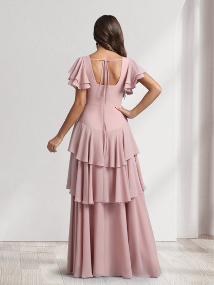 A-Line/Princess V-Neck Short Sleeves Bridesmaid Dresses With Cascading Ruffles & Split Side