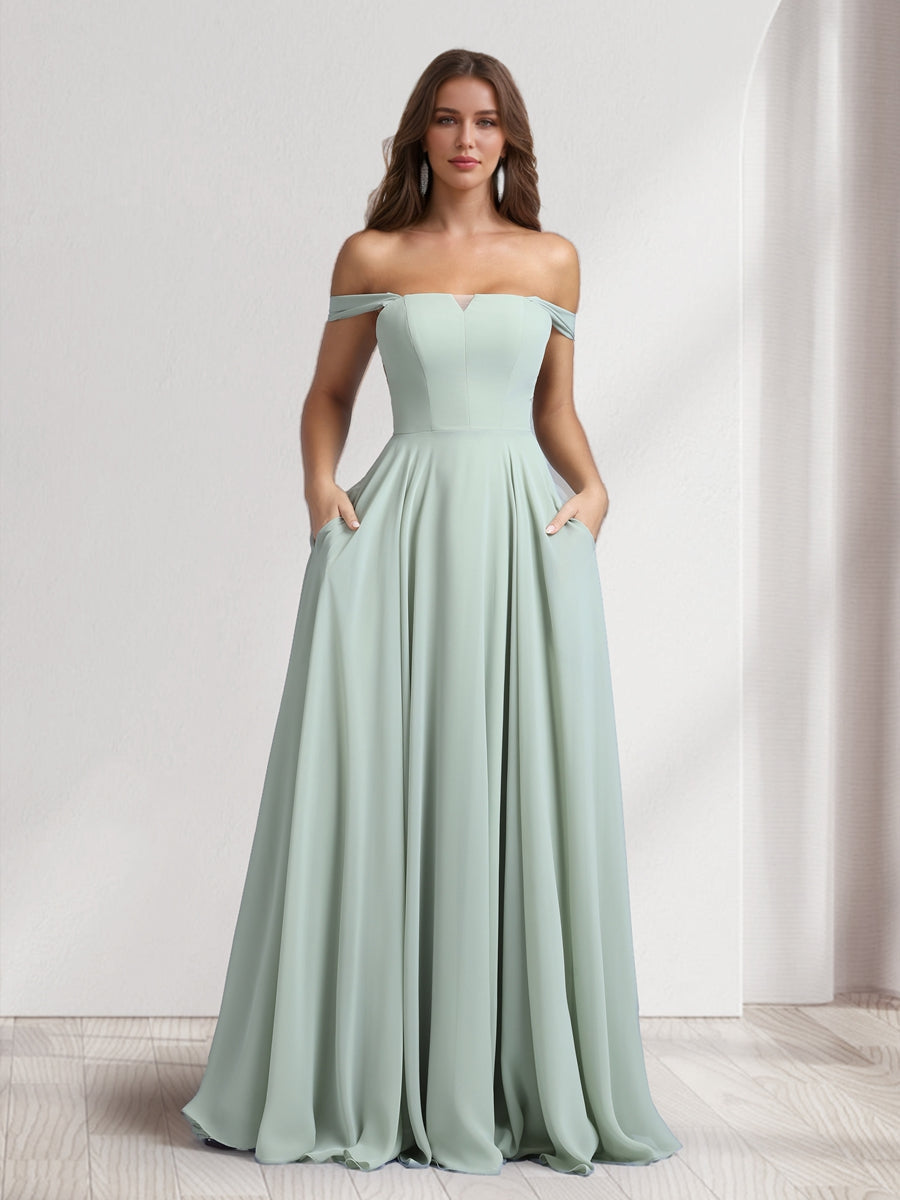 A-Line/Princess Square Neck Floor-Length Bridesmaid Dresses With Pockets
