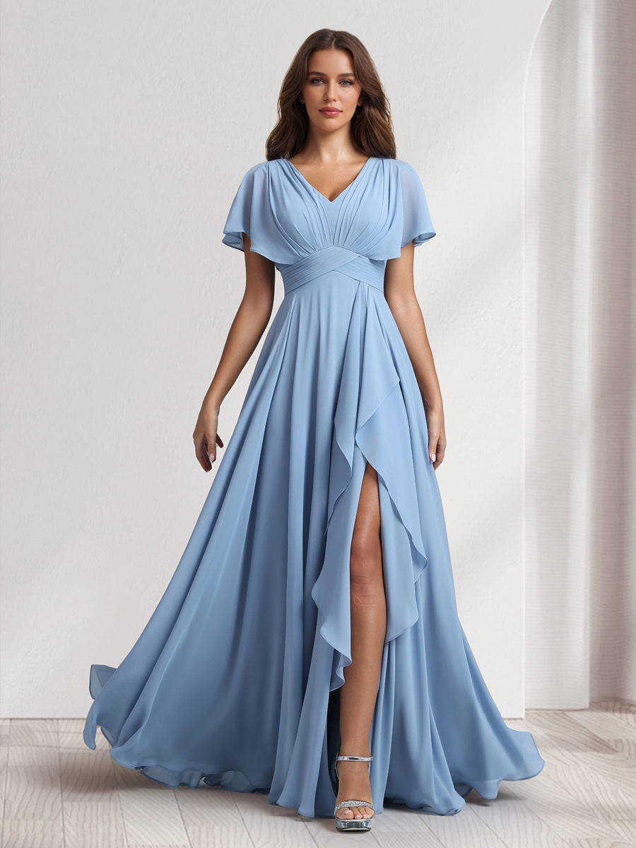 A-Line/Princess V-Neck Short Sleeves Bridesmaid Dresses With Ruffles & Split Side