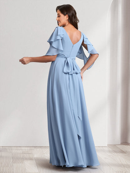 A-Line/Princess V-Neck Short Sleeves Long Bridesmaid Dresses With Ruffles & Belt