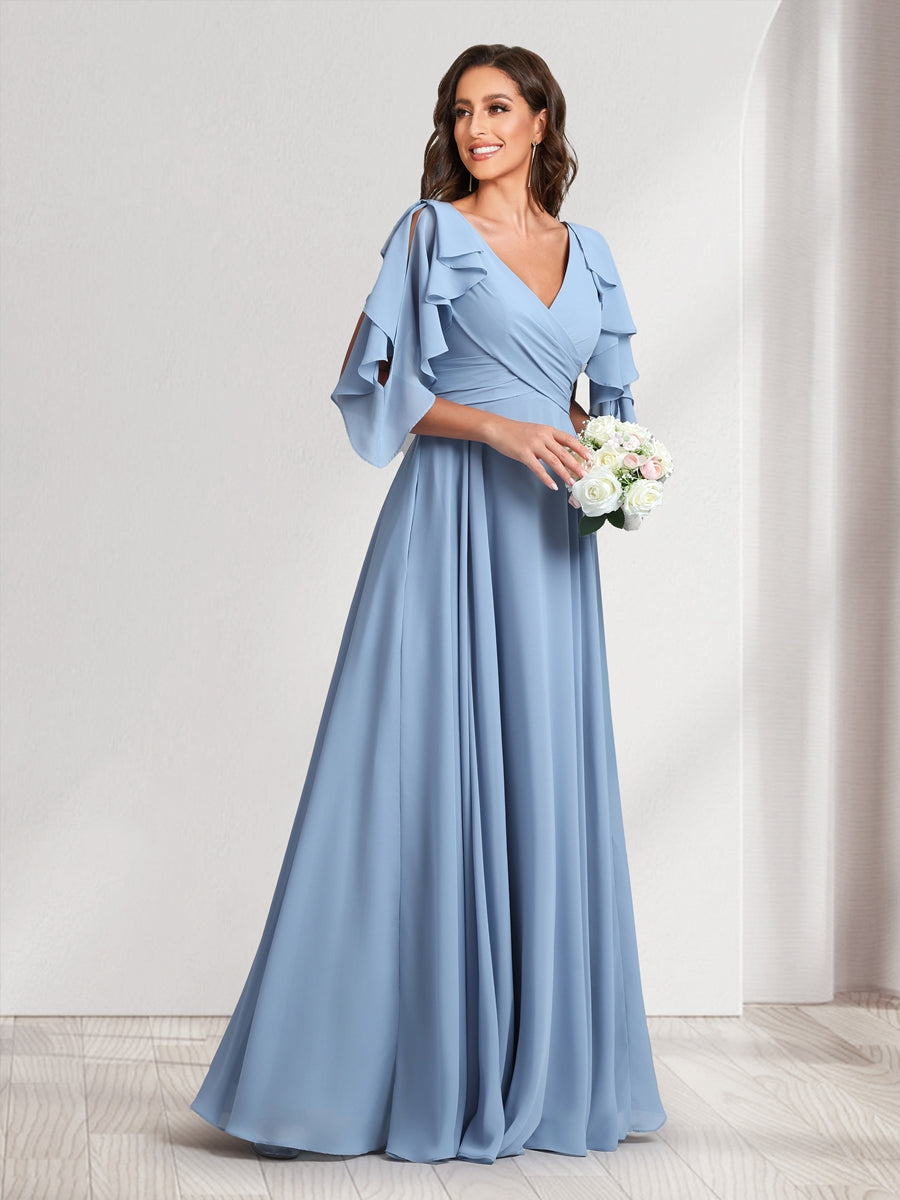 A-Line/Princess V-Neck Short Sleeves Long Bridesmaid Dresses With Ruffles & Belt