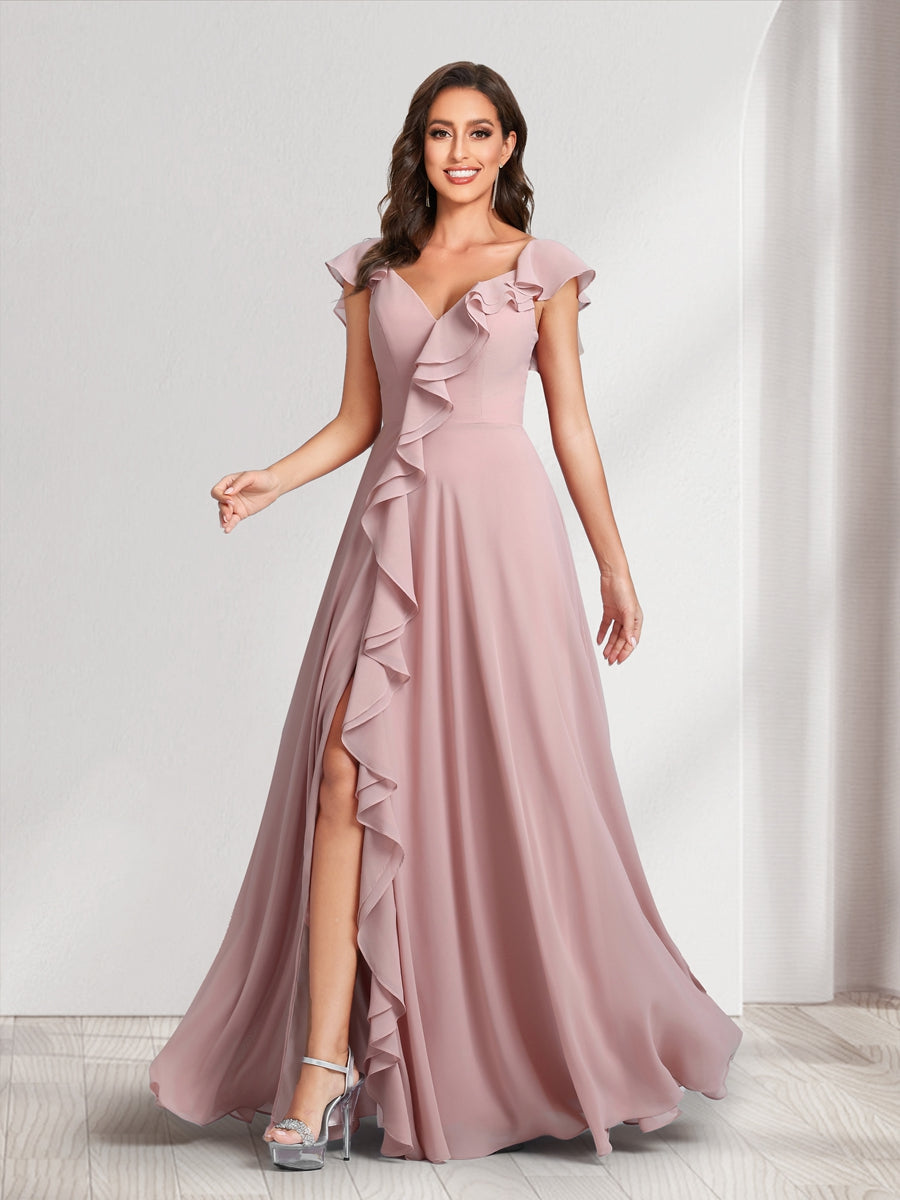 A-Line/Princess V-Neck Short Sleeves Bridesmaid Dresses With Ruffles & Split Side