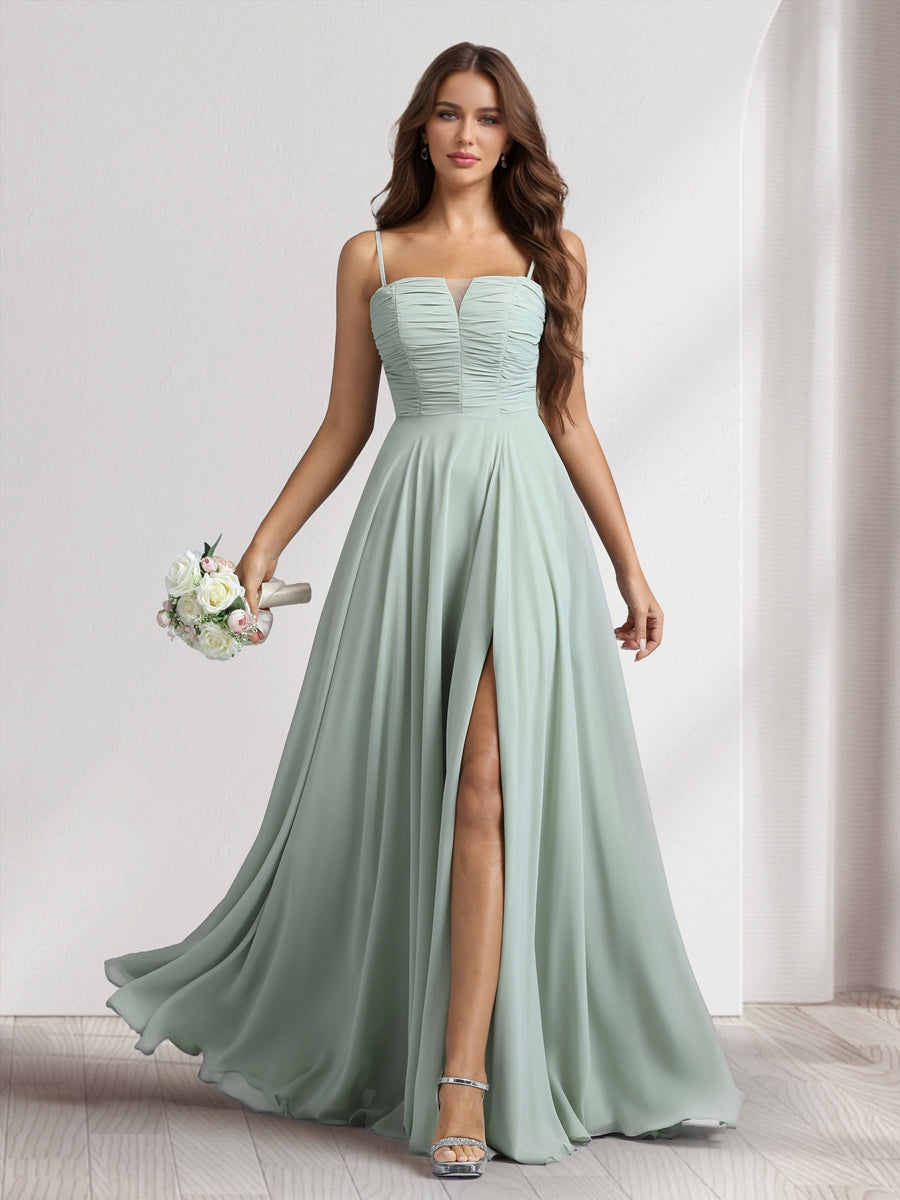 A-Line/Princess Spaghetti Straps Sleeveless Floor-Length Ruched Bridesmaid Dresses With Split Side
