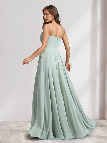 A-Line/Princess Spaghetti Straps Sleeveless Floor-Length Ruched Bridesmaid Dresses With Split Side