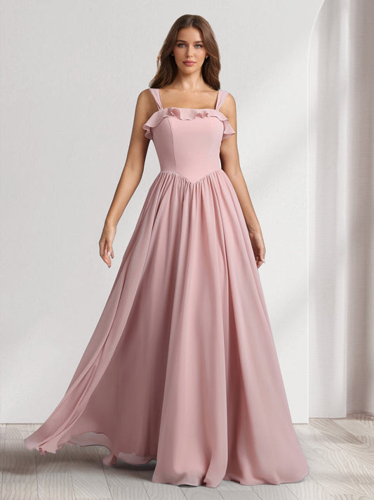 A-Line/Princess Square Neck Sleeveless Floor-Length Bridesmaid Dresses With Pleats & Ruffles