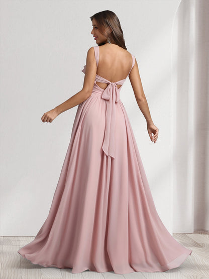 A-Line/Princess Square Neck Sleeveless Floor-Length Bridesmaid Dresses With Pleats & Ruffles