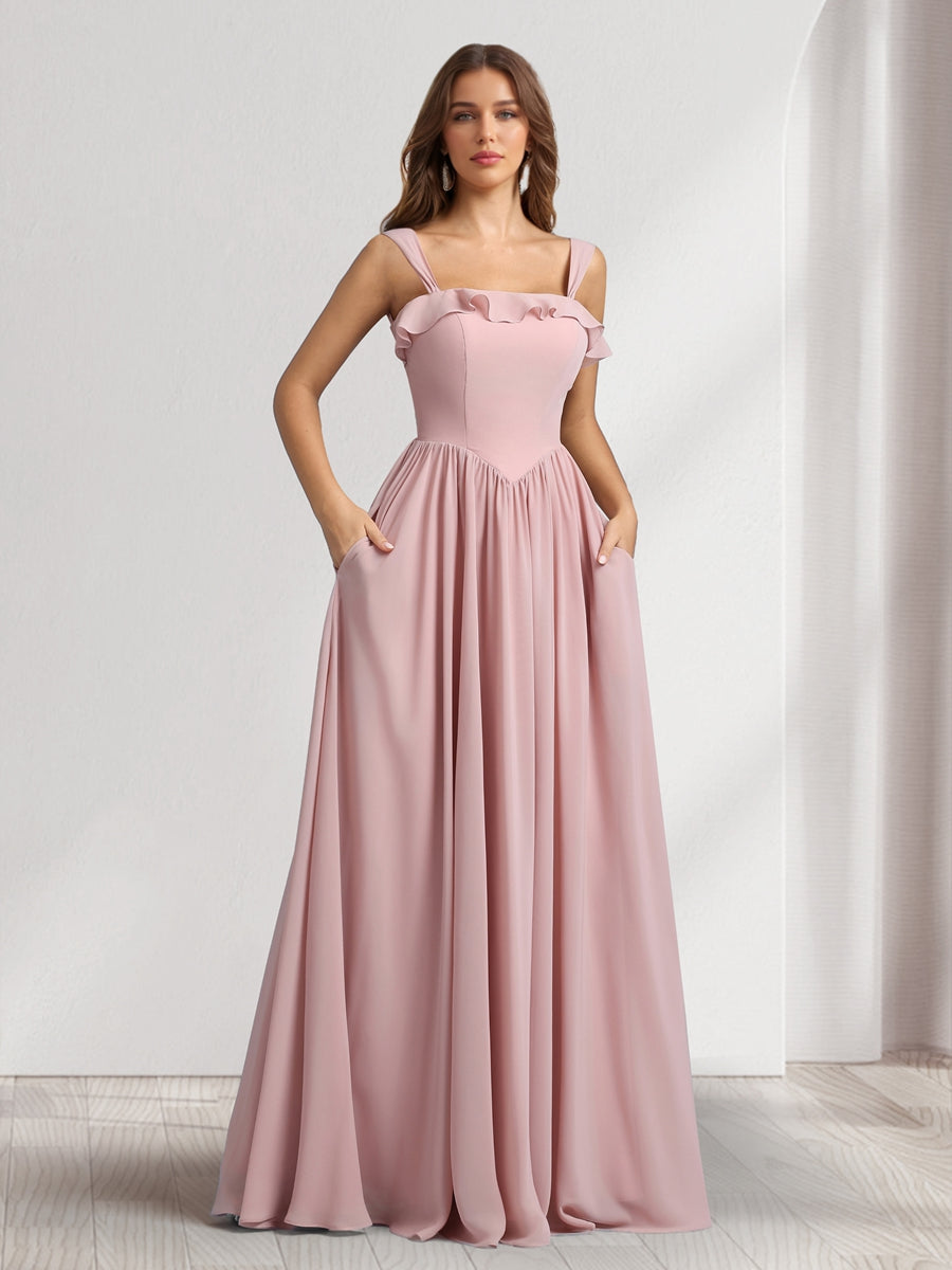 A-Line/Princess Square Neck Sleeveless Floor-Length Bridesmaid Dresses With Pleats & Ruffles