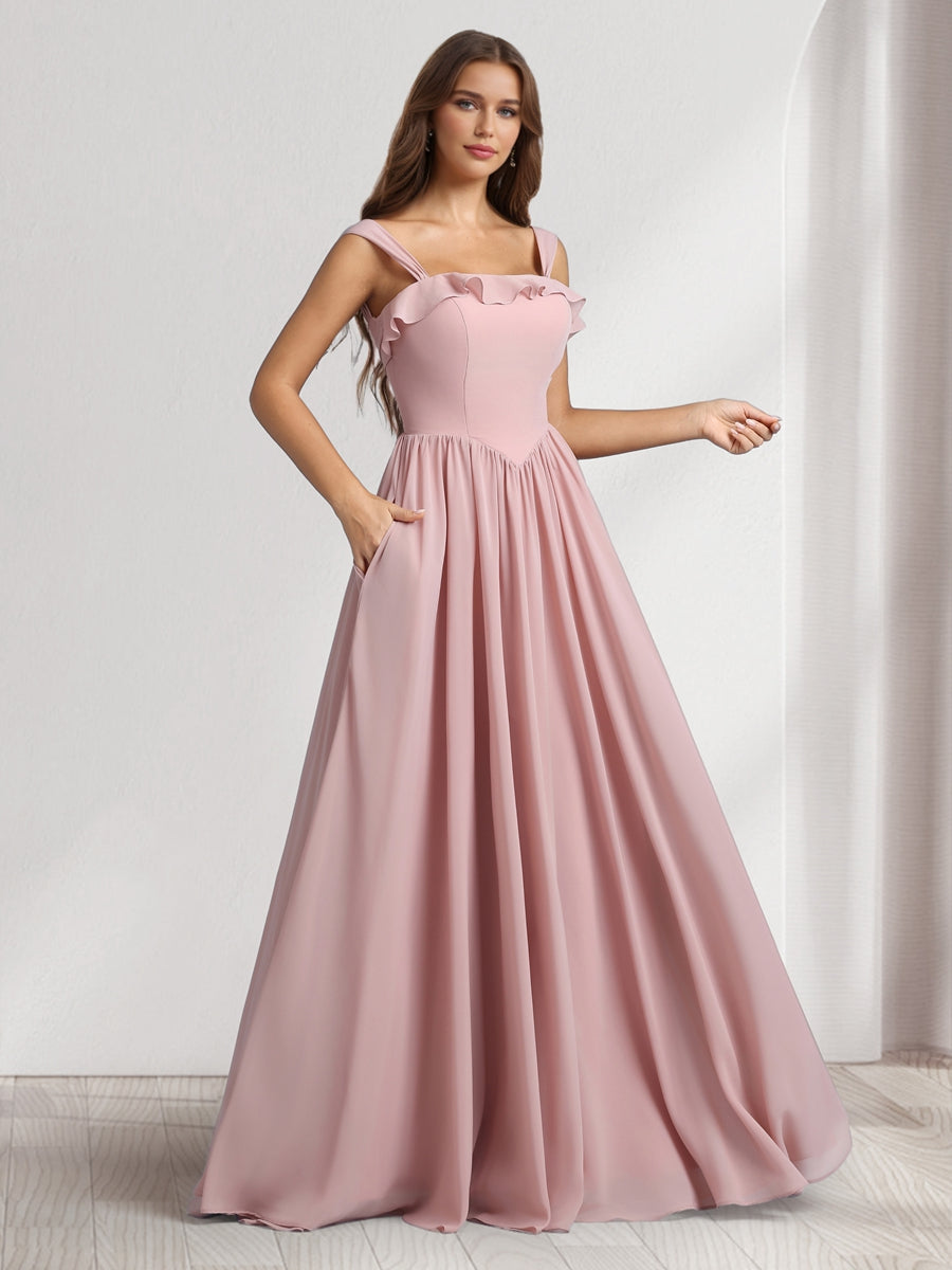 A-Line/Princess Square Neck Sleeveless Floor-Length Bridesmaid Dresses With Pleats & Ruffles