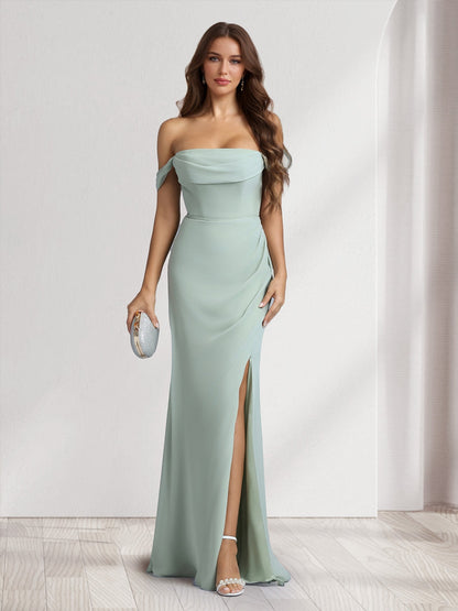 Sheath/Column Off-the-Shoulder Long Bridesmaid Dresses with Split Side