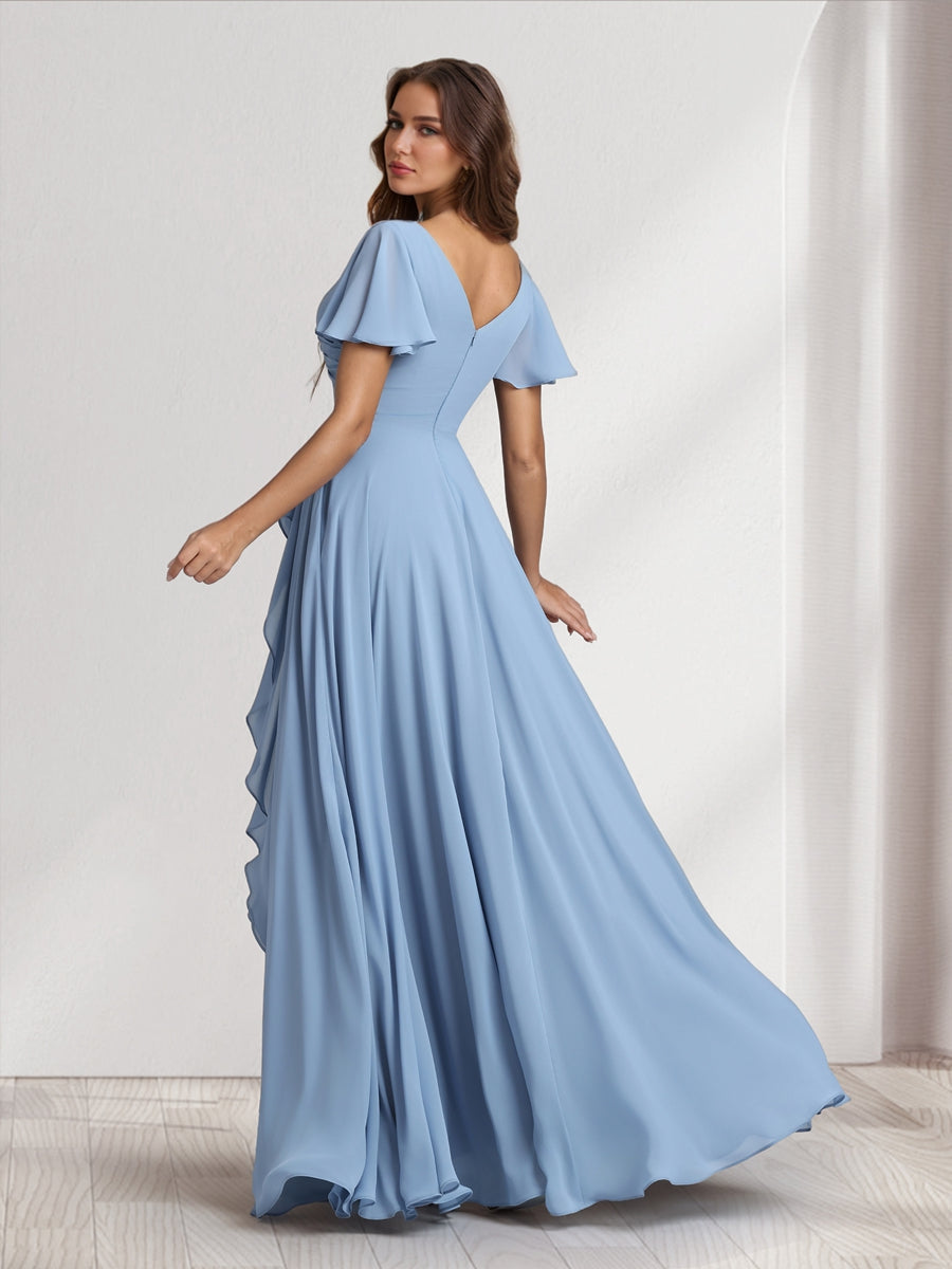 A-Line/Princess V-Neck Short Sleeves Floor-Length Bridesmaid Dresses With Ruffles & Split Side
