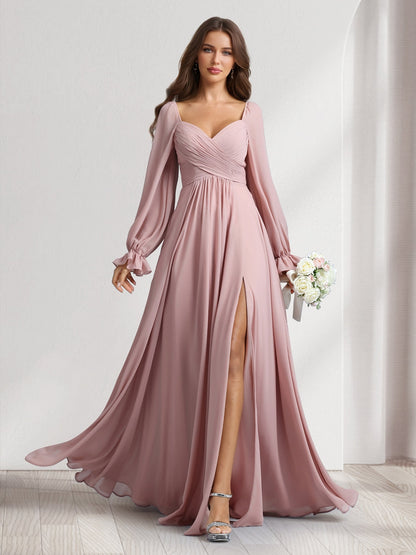 A-Line/Princess Sweetheart Long Sleeves Bridesmaid Dresses With Pleats & Split Side