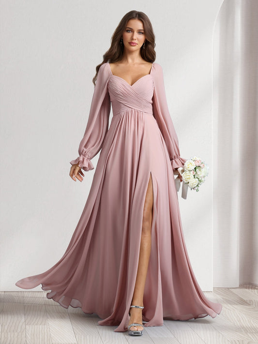 A-Line/Princess Sweetheart Long Sleeves Bridesmaid Dresses With Pleats & Split Side