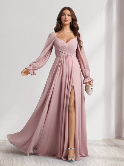 A-Line/Princess Sweetheart Long Sleeves Bridesmaid Dresses With Pleats & Split Side