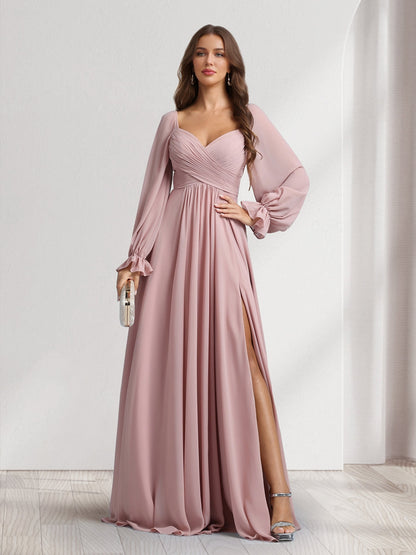 A-Line/Princess Sweetheart Long Sleeves Bridesmaid Dresses With Pleats & Split Side