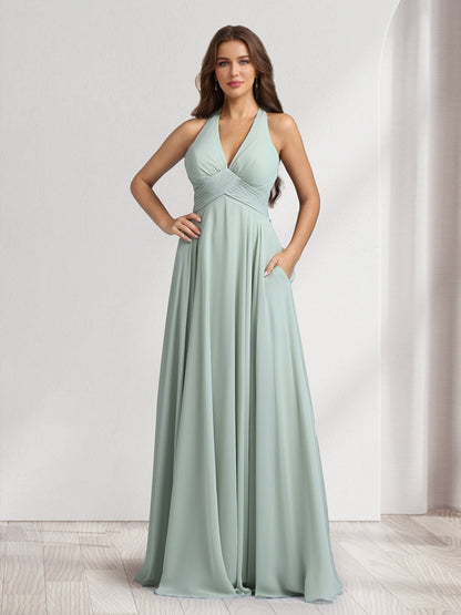 A-Line V-Neck Halter Sleeveless Floor-Length Bridesmaid Dresses With Pleats
