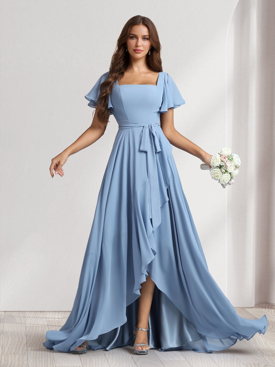 A-Line/Princess Square Neck Short Sleeves Floor-Length Bridesmaid Dresses With Sash & Split Side
