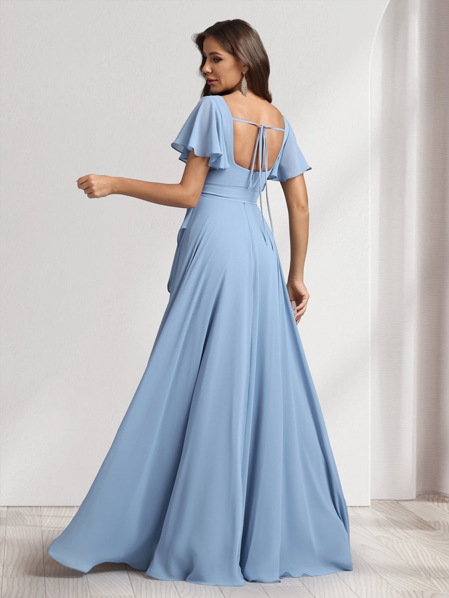 A-Line/Princess Square Neck Short Sleeves Floor-Length Bridesmaid Dresses With Sash & Split Side