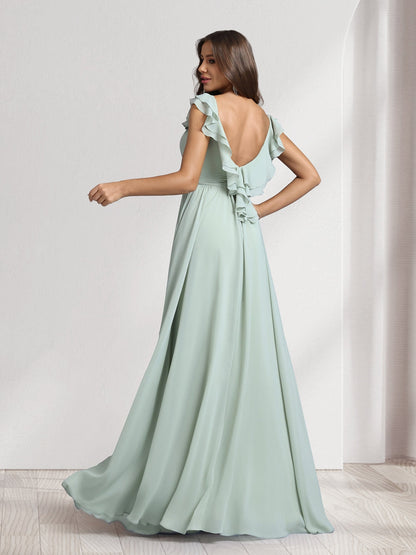 A-Line/Princess V-Neck Floor-Length Bridesmaid Dresses With Ruffles & Pleats