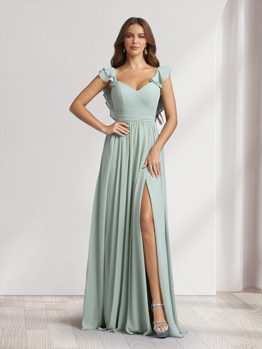 A-Line/Princess V-Neck Floor-Length Bridesmaid Dresses With Ruffles & Pleats