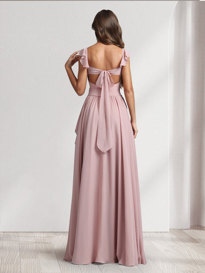 A-Line/Princess V-Neck Spaghetti Straps Sleeveless Floor-Length Bridesmaid Dresses With Ruffles & Pleats