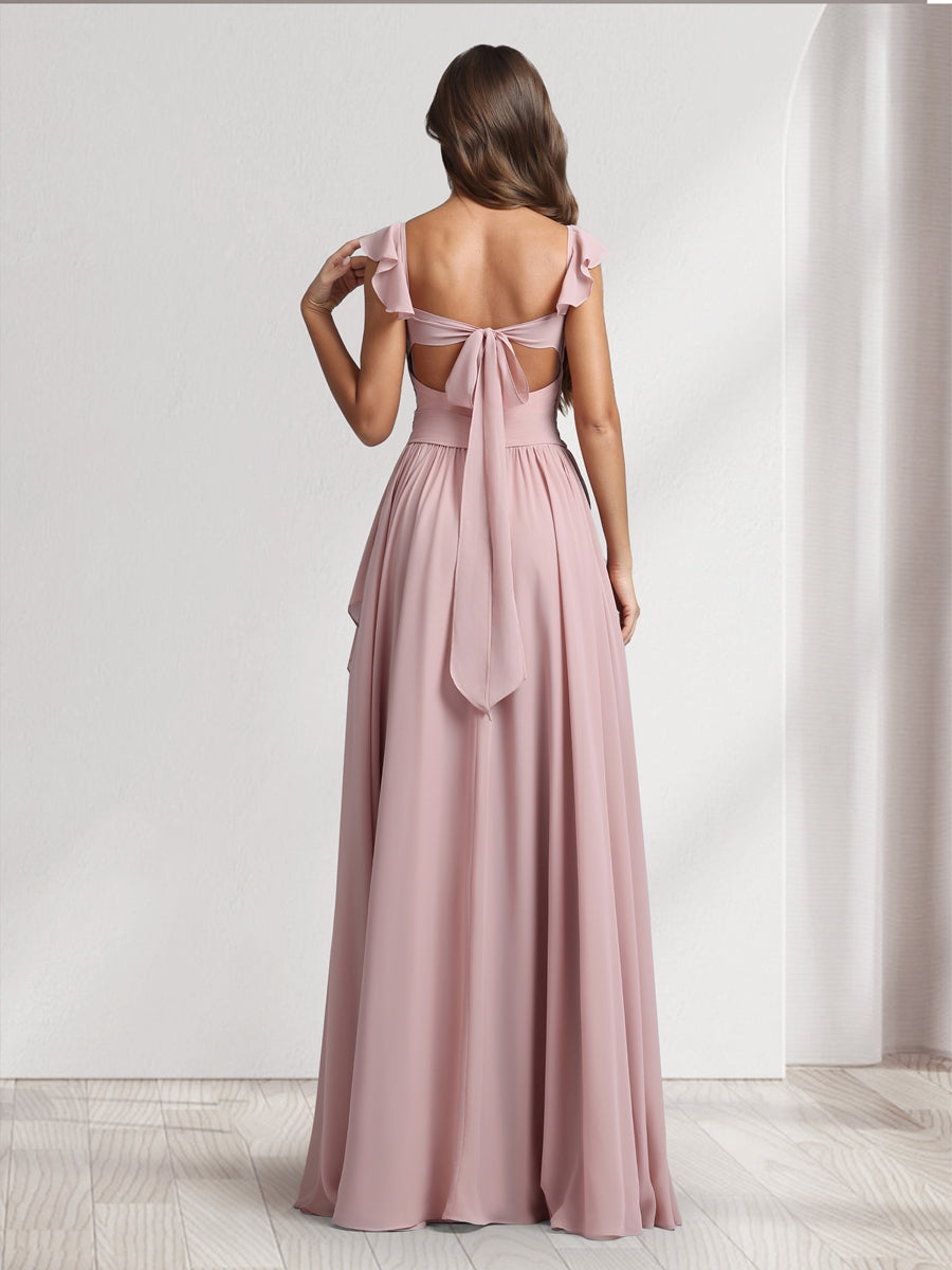 A-Line/Princess V-Neck Spaghetti Straps Sleeveless Floor-Length Bridesmaid Dresses With Ruffles & Pleats