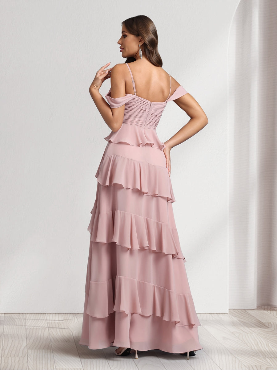 A-Line/Princess Off-the-Shoulder Spaghetti Straps Sleeveless Floor-Length Bridesmaid Dresses With Ruffles & Side Slit