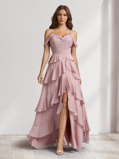 A-Line/Princess Off-the-Shoulder Spaghetti Straps Sleeveless Floor-Length Bridesmaid Dresses With Ruffles & Side Slit