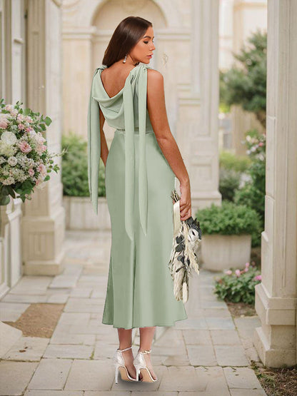 Trumpet/Mermaid Cowl Neck Sleeveless Tea-Length Ruched Bridesmaid Dresses
