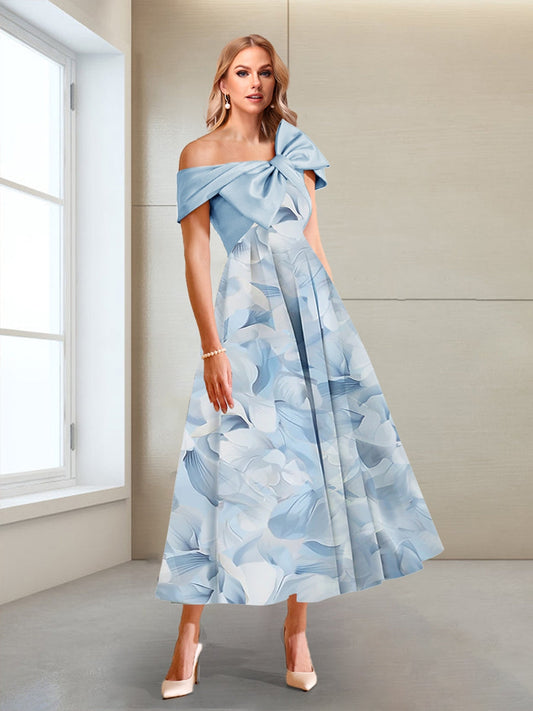A-Line/Princess One-Shoulder Short Sleeves Printed Floral Mother of the Bride Dresses with Bow