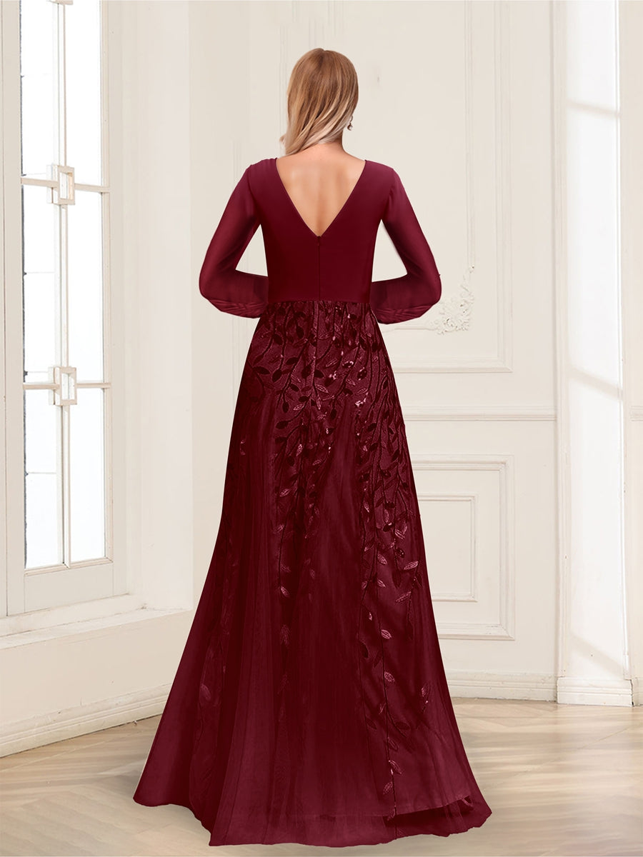 A-Line V-Neck Long Sleeves Split Side Mother of the Bride Dresses with Appliques