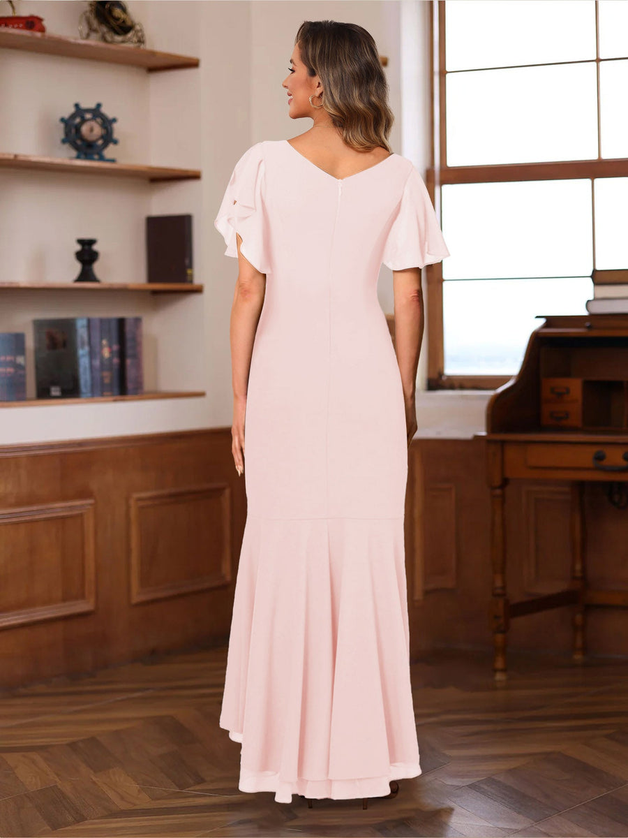 Trumpet/Mermaid V-Neck Short Sleeves Ruched Mother of the Bride Dresses with Ruffles