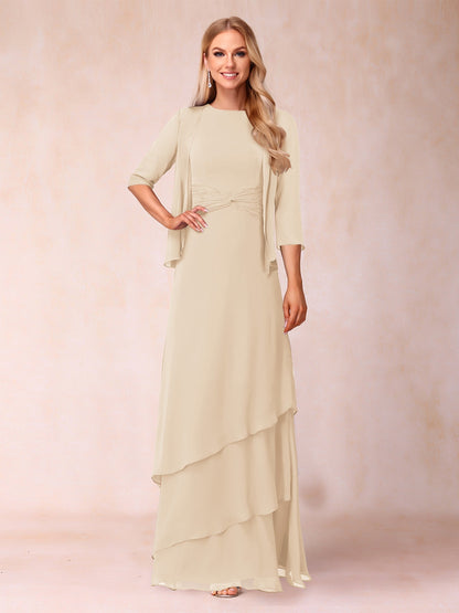 A-Line/Princess Scoop Ruched Floor-Length Mother of the Bride Dresses with Ruffles & Jacket