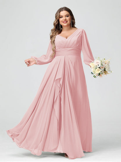 A-Line/Princess V-Neck Long Sleeves Chiffon Ruffles Plus Size Bridesmaid Dresses with Pockets